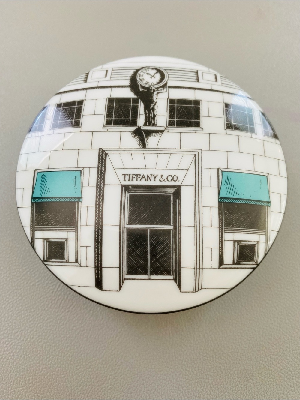 Authentic Tiffany & Co. 
Flagship Facade Round Porcelain trinket box.